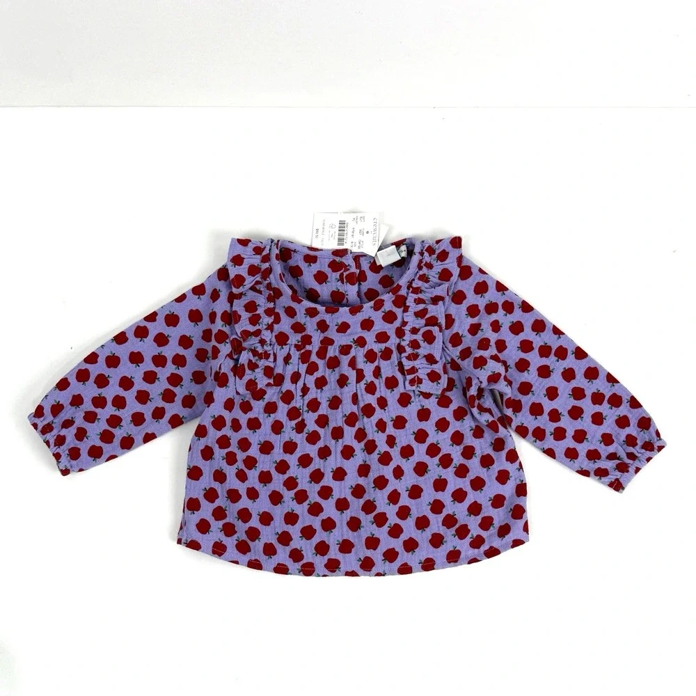 New Crewcuts J Crew Muslin Gauze Ruffle Top Pant Set Girl 6M 12M Apple Print